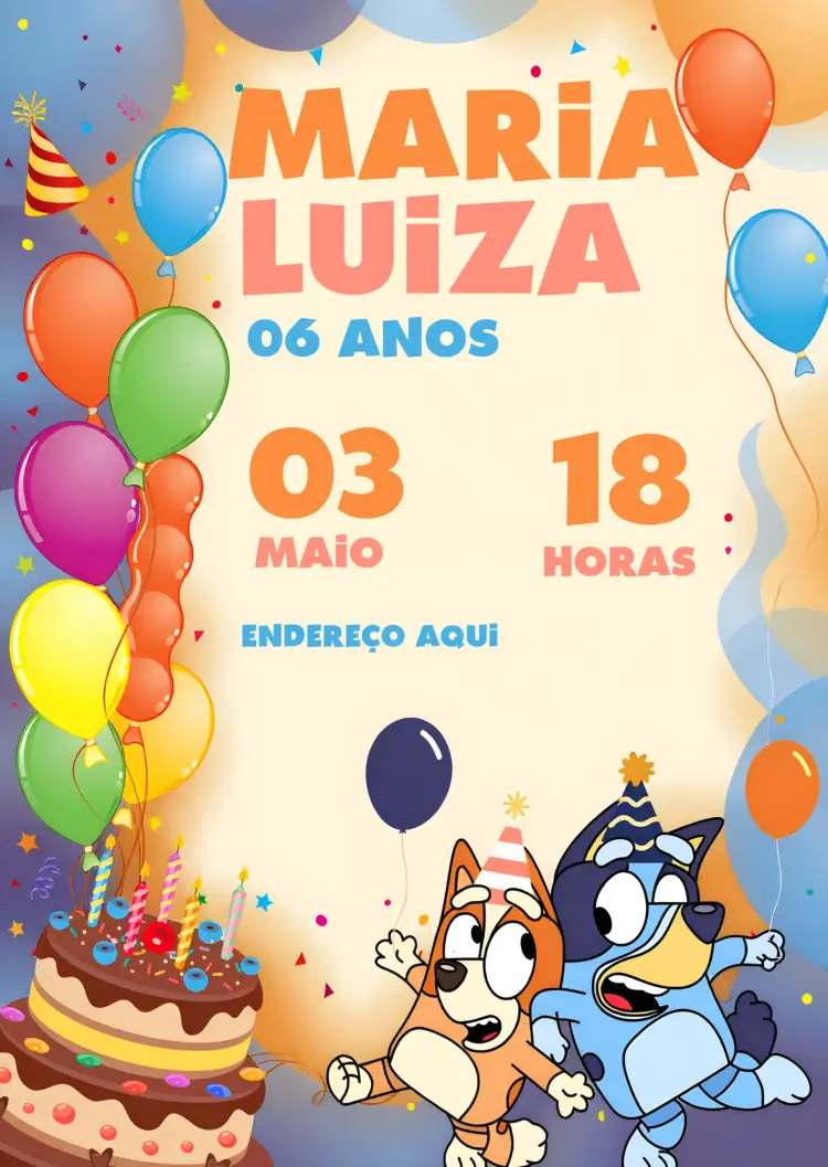 Convite Infantil Bluey E Bingo Amarelo
