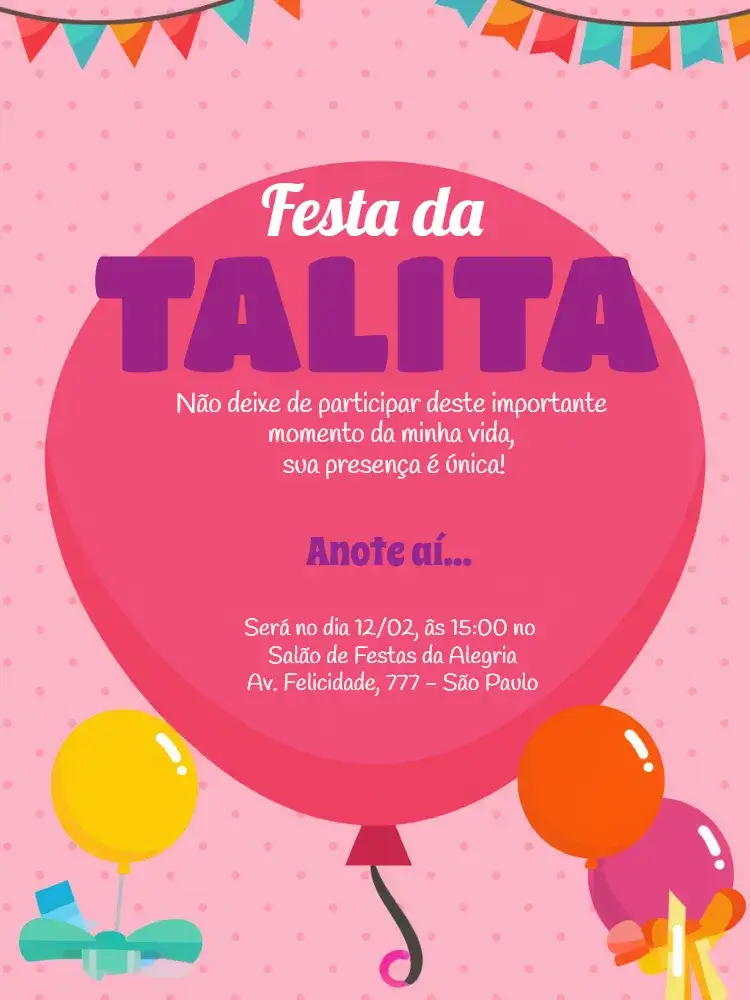 Convite Infantil Rosa Com Balões Menina – tema Aniversário Infantil rosa, balões, divertido, infantil, feminino, colorido