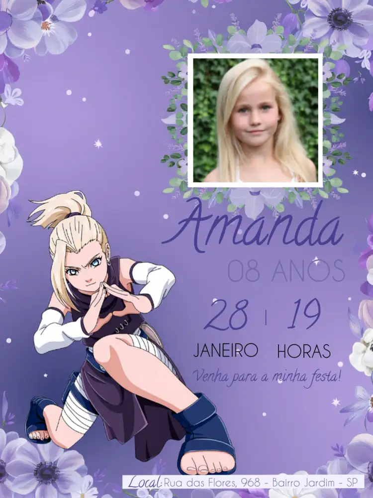 Convite Ino Naruto Com Foto Branco – tema Aniversário Infantil moderno, anime, vibrante, jovem, colorido