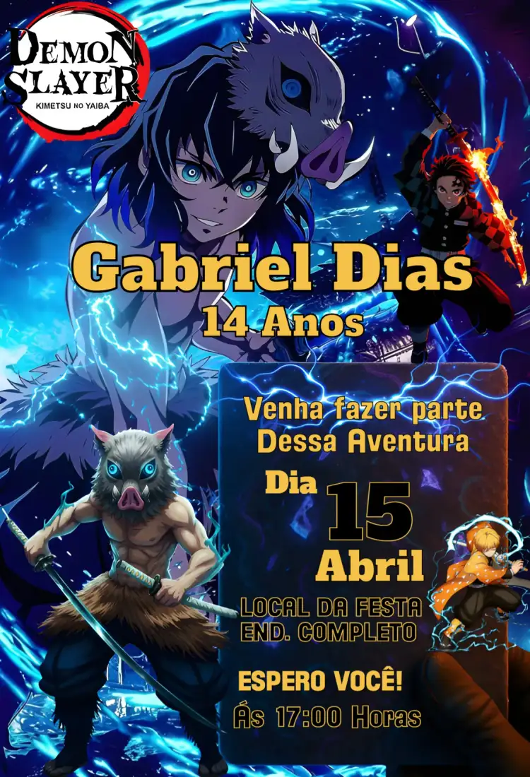 Convite Inosuke Demon Slayer – tema Aniversário moderno, colorido, estilo anime, aventura, jovial, dinâmico