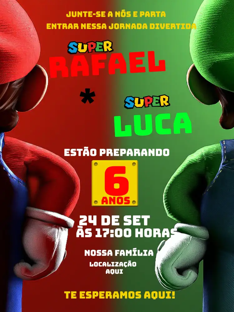 Convite Irmãos Gêmeos Super Mario Bros World Mario3d – tema Mais pesquisados colorido, divertido, jogos, Nintendo, aventura