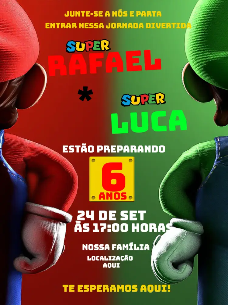 Convite Irmãos Gêmeos Super Mario Bros World Mario3d