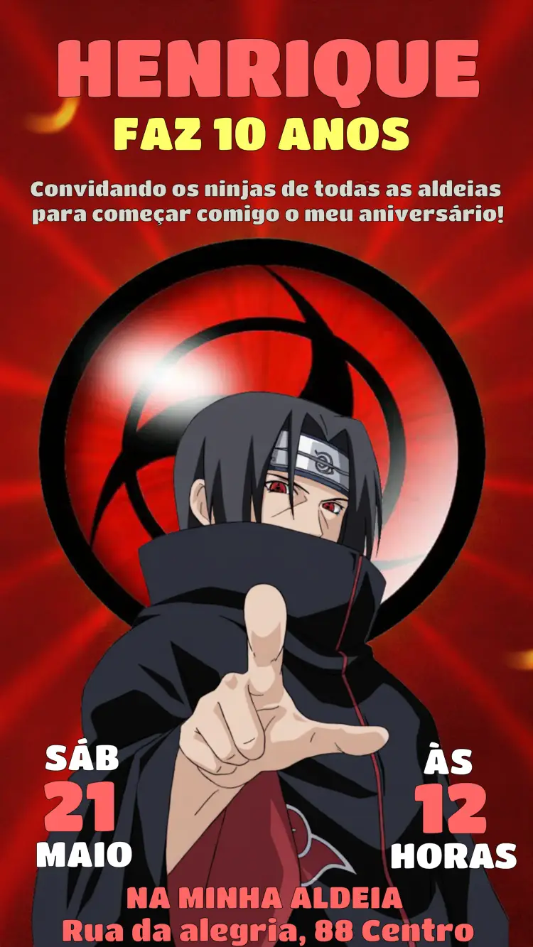Convite Itachi Naruto Vermelho