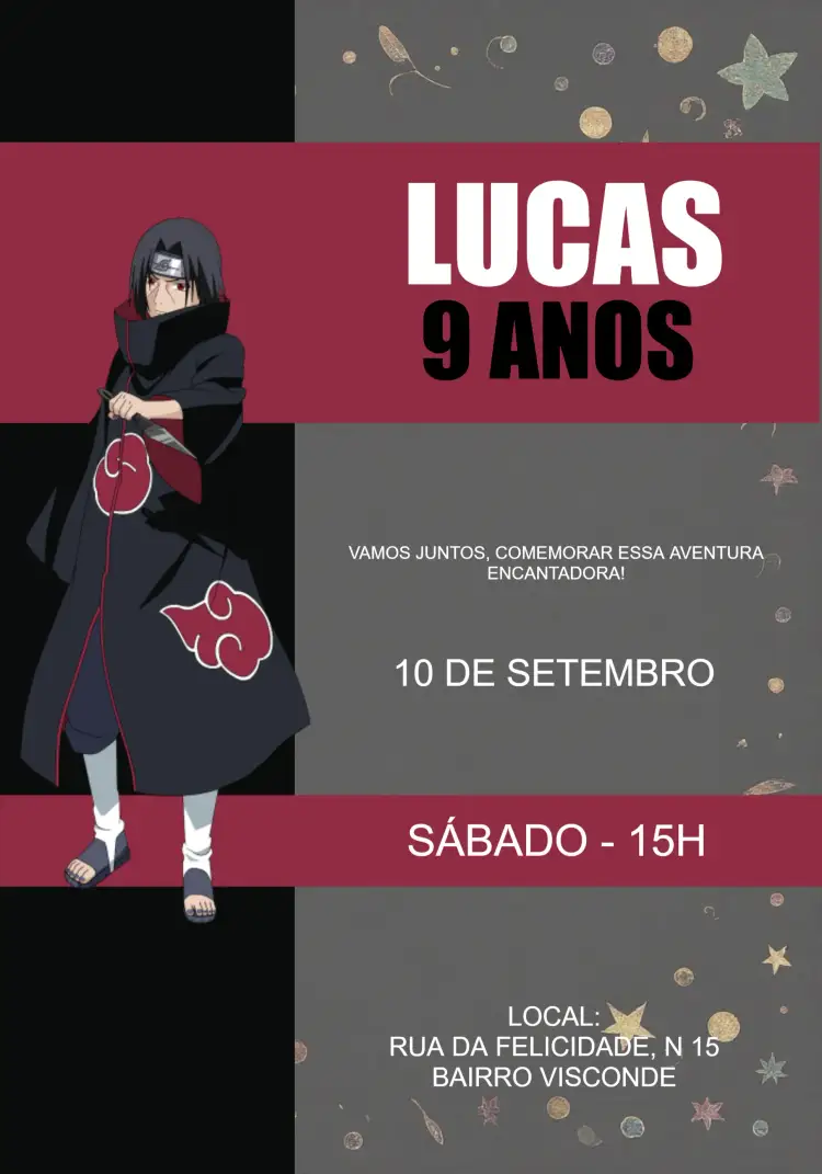 Convite Itachi Uchiha Uzumaki – tema Aniversário Infantil anime, moderno, cores vibrantes, estilo gráfico, ninja, temática de aventura