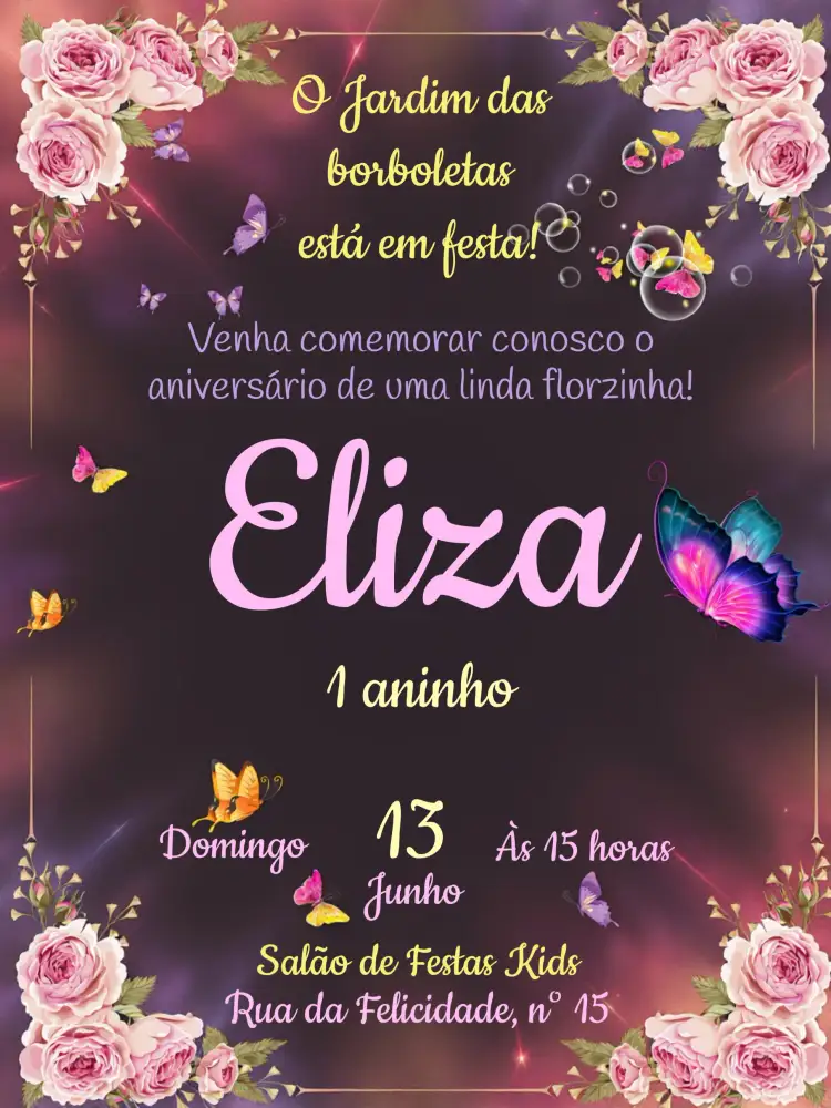 Convite Jardim Das Borboleta Digital – tema Datas Comemorativas floral, moderno, colorido, delicado, vibrante
