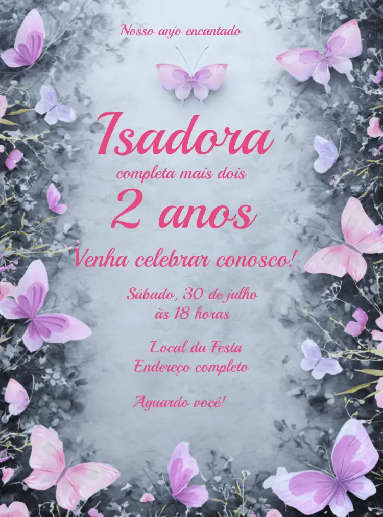 Convite Jardim Das Borboletas Aquarela Menina – tema Datas Comemorativas aquarela, colorido, jardim, lúdico, infantil, natureza