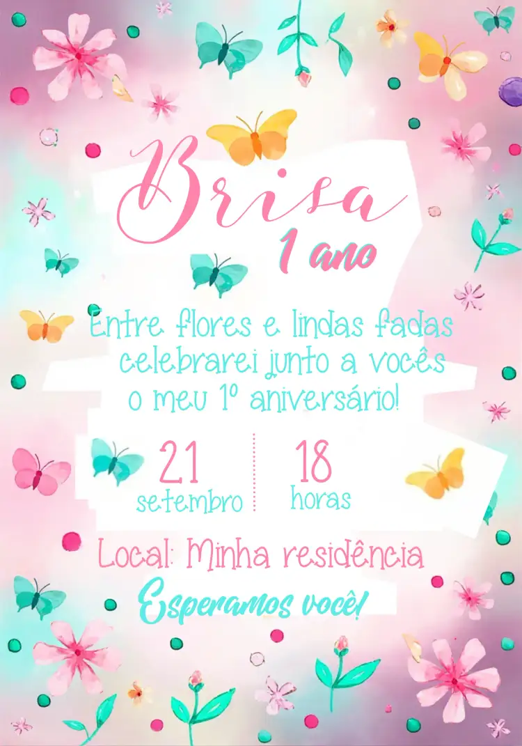 Convite Jardim Das Borboletas Aquarela Rosa – tema Datas Comemorativas floral, aquarela, pastel, infantil, encantado, natureza
