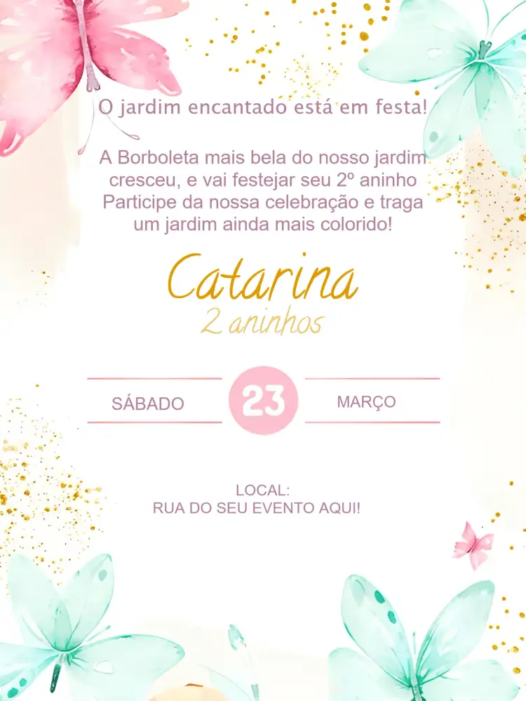 Convite Jardim Das Borboletas Candy – tema Datas Comemorativas aquarelado, candy colors, natureza, lúdico, colorido, infantil