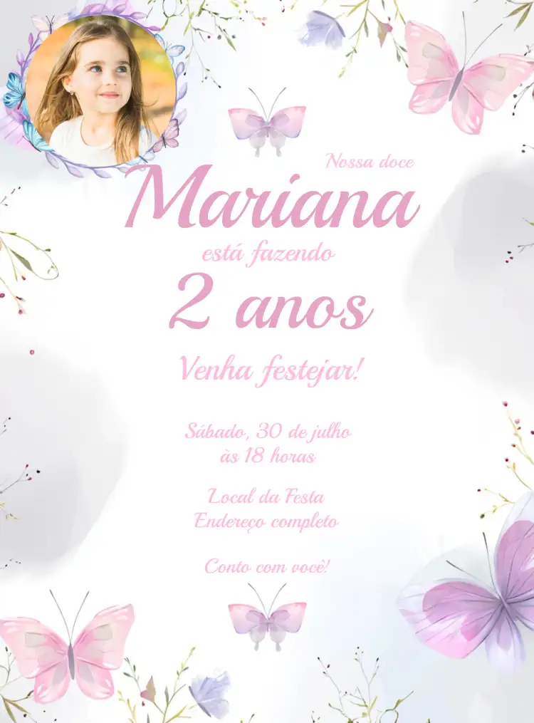 Convite Jardim Das Borboletas Com Foto Aquarelado – tema Datas Comemorativas colorido, aquarelado, floral, infantil, natureza, delicado