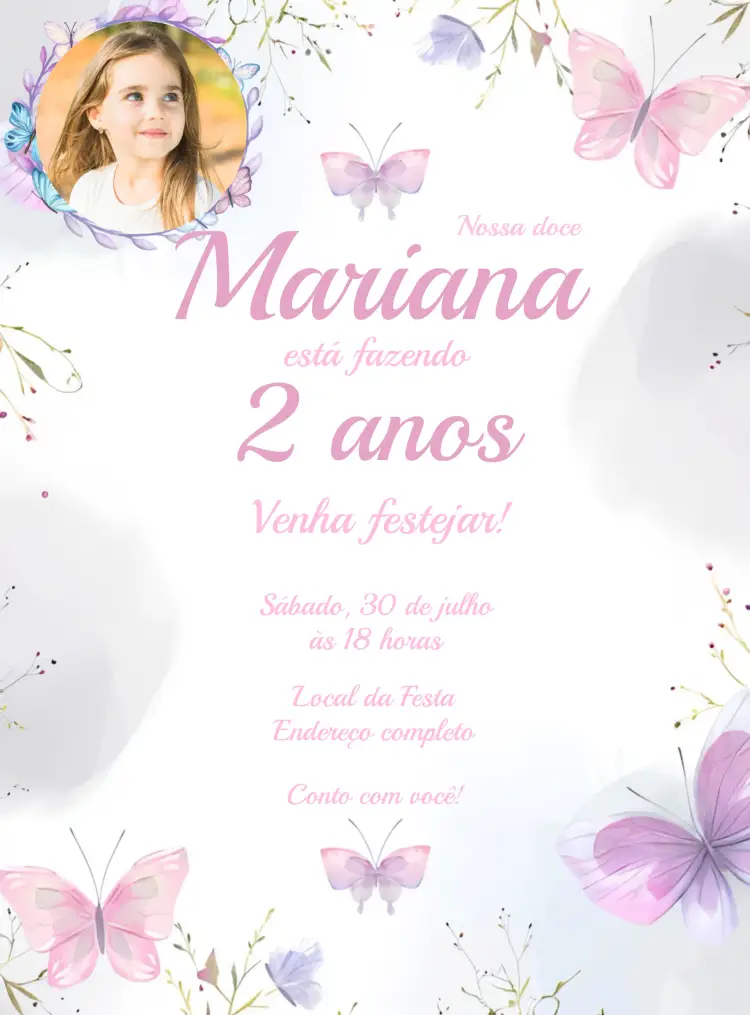 Convite Jardim Das Borboletas Com Foto Aquarelado editável e personalizável