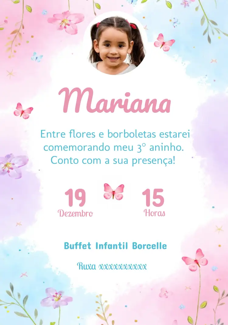 Convite Jardim Das Borboletas Com Foto Menina – tema Datas Comemorativas floral, encantado, colorido, delicado, infantil