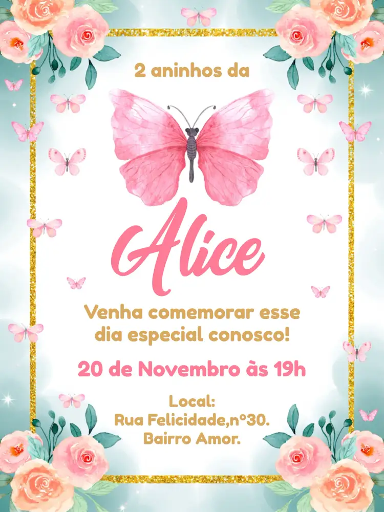 Convite Jardim Das Borboletas Delicado – tema Datas Comemorativas floral, delicado, rosa, dourado, natureza, infantil