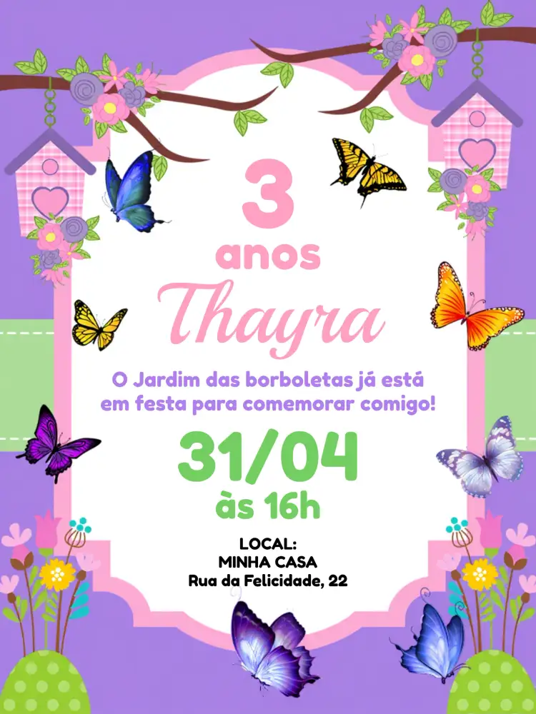 Convite Jardim Das Borboletas Fada – tema Datas Comemorativas floral, mágico, cores suaves, fantasia, lúdico