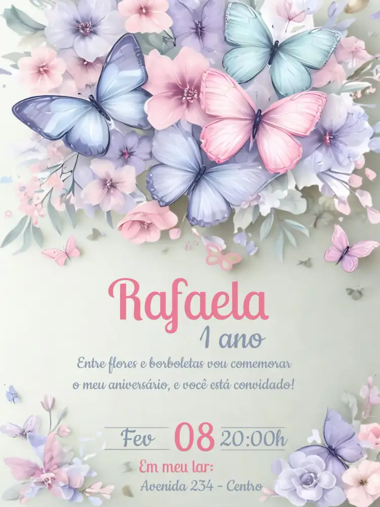 Convite Jardim Das Borboletas Infantil – tema Datas Comemorativas floral, colorido, delicado, infantil, natural, alegre