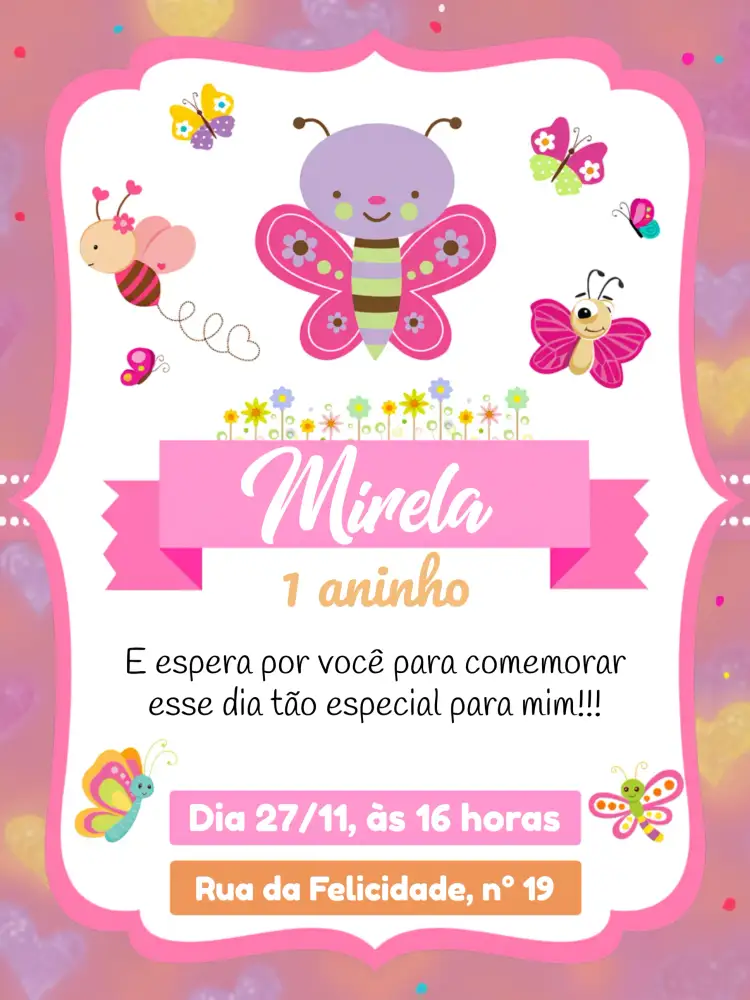 Convite Jardim Das Borboletas Listrado – tema Datas Comemorativas floral, colorido, alegre, moderno, delicado, infantil