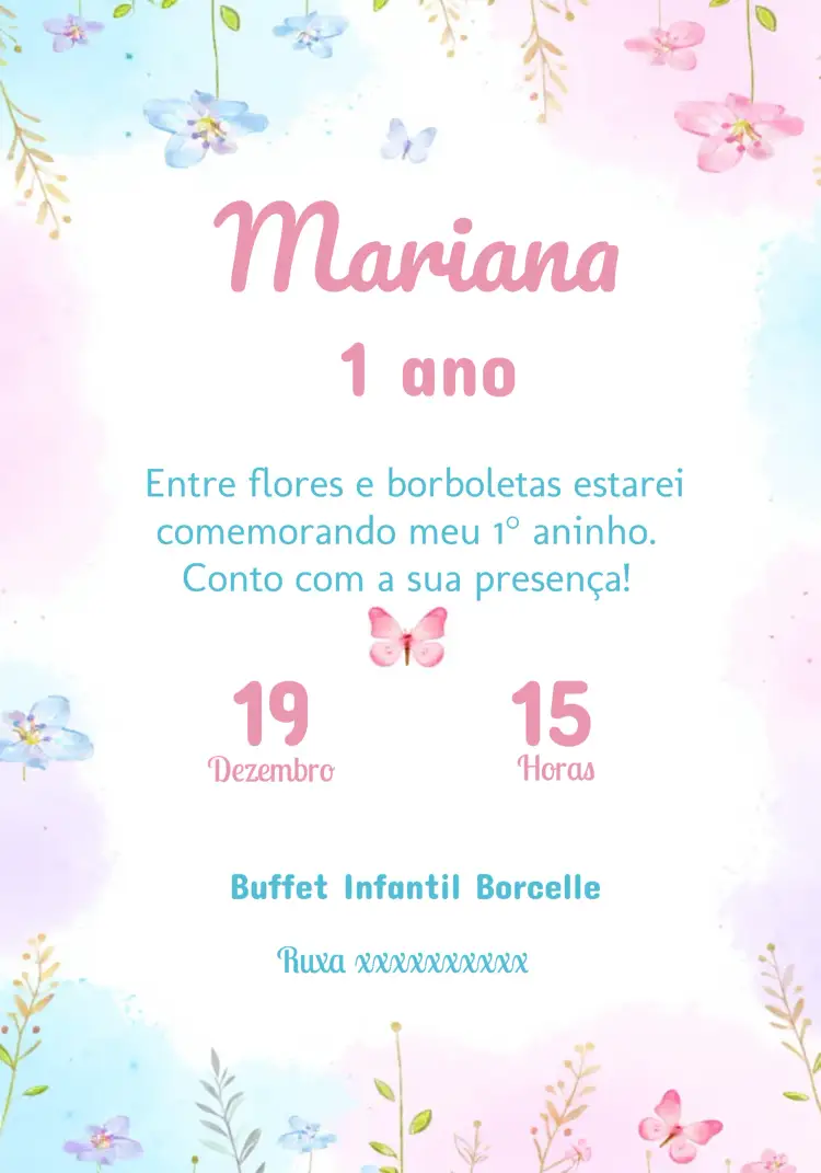 Convite Jardim Das Borboletas Menina – tema Datas Comemorativas floral, encantado, colorido, delicado, infantil