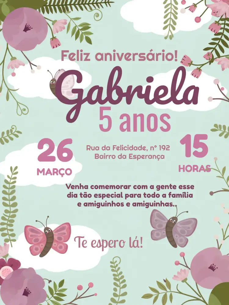Convite Jardim Das Borboletas Nuvem – tema Datas Comemorativas floral, colorido, delicado, infantil, moderno