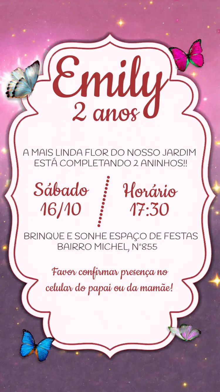 Convite Jardim Das Borboletas Rosas – tema Datas Comemorativas floral, romântico, colorido, infantil, delicado, sonhador