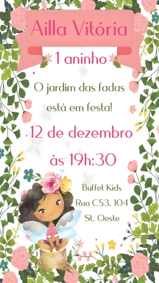 Convite Jardim das Fadas – tema Aniversário Infantil floral, mágico, colorido, delicado, fantasia, natureza