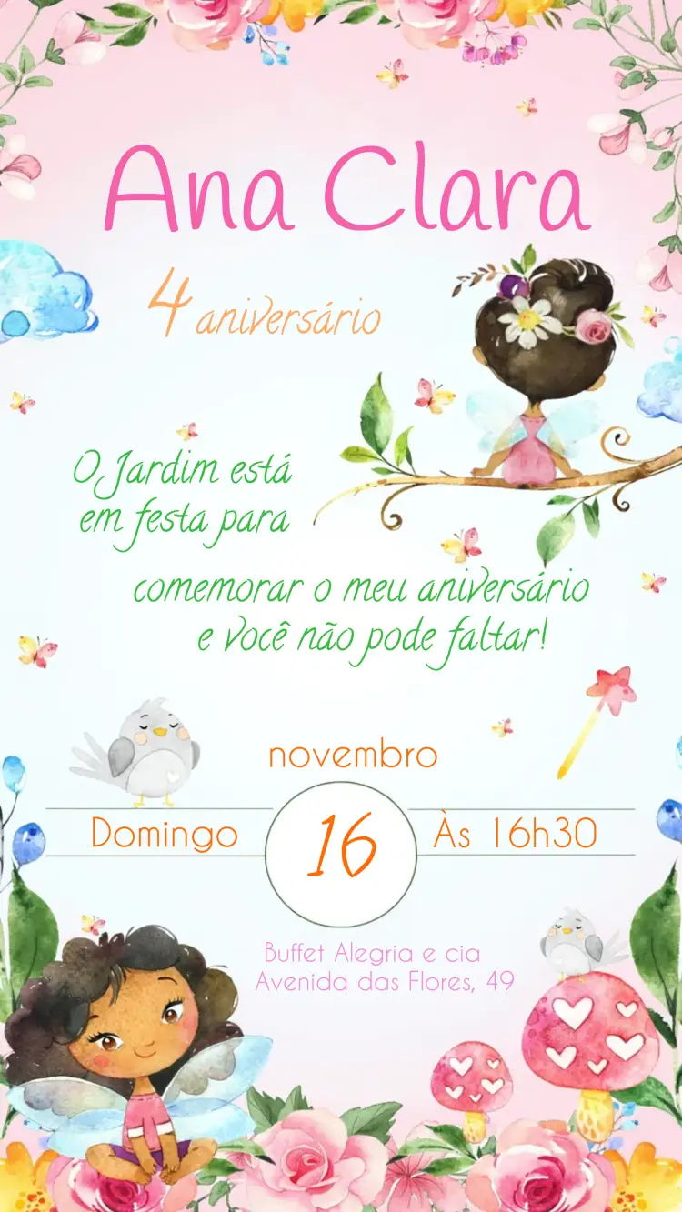 Convite Jardim Das Fadas Aquarela Negra – tema Datas Comemorativas aquarela, floral, encantado, cores suaves, mágico, infantil