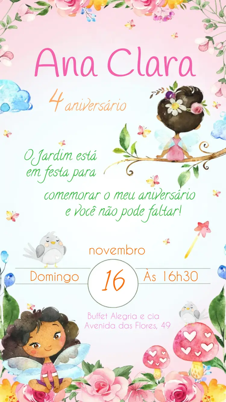 Convite Jardim Das Fadas Aquarela Negra