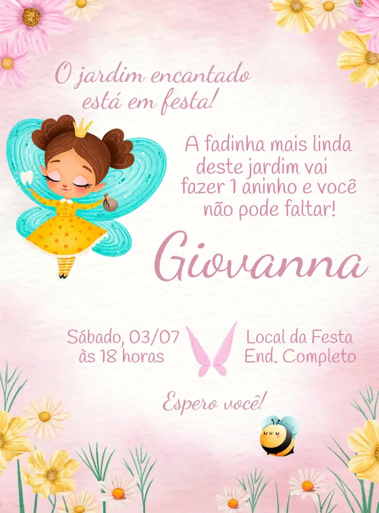 Convite Jardim Das Fadas Bosque – tema Datas Comemorativas floral, delicado, mágico, colorido, infantil, encantado
