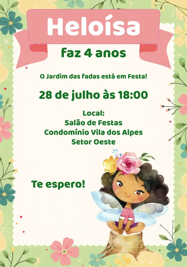 Convite Jardim Das Fadas Rosa – tema Datas Comemorativas floral, encantado, colorido, infantil, mágico