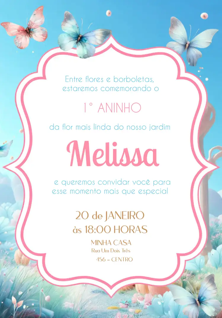 Convite Jardim Das Flores Fada – tema Datas Comemorativas floral, romântico, encantado, colorido, infantil