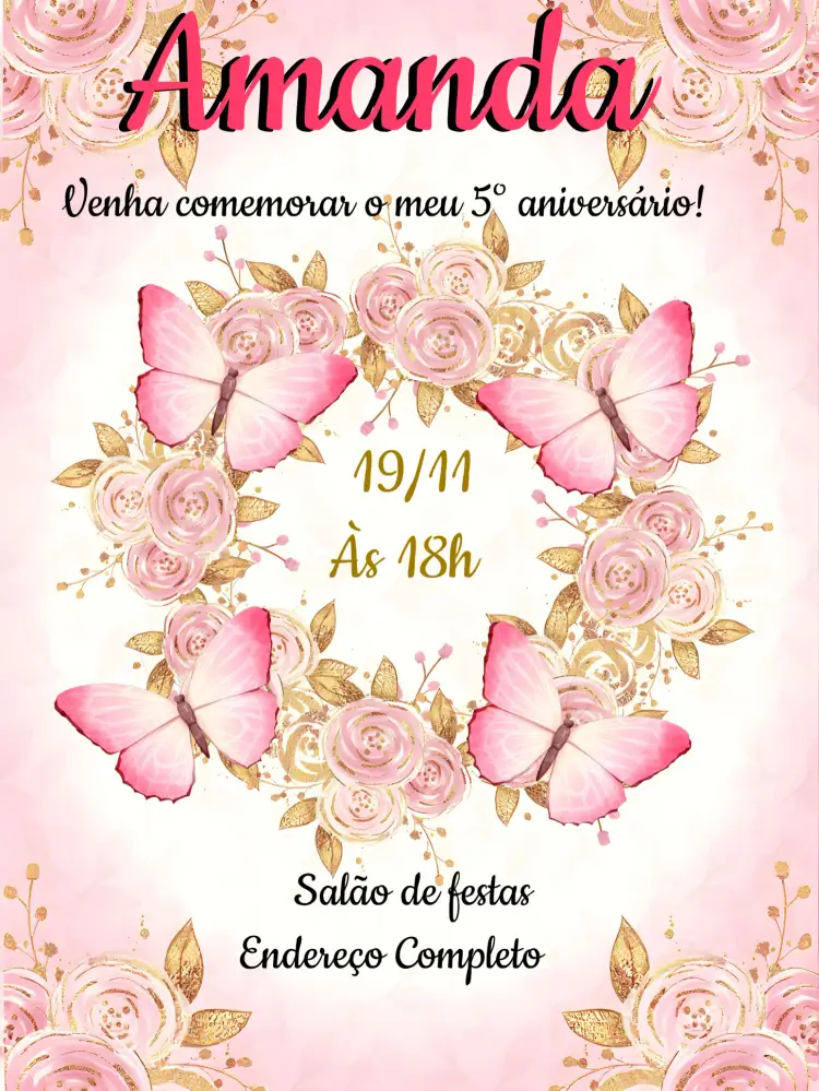 Convite Jardim De Borboletas Rosa – tema Mais pesquisados floral, delicado, romântico, moderno, colorido, natural
