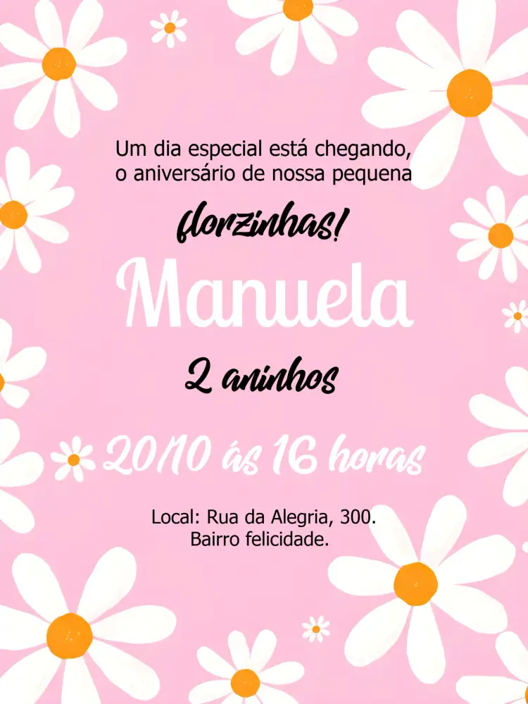 Convite Jardim De Margaridas Rosa Flor – tema Mais pesquisados floral, delicado, rosa, primavera, colorido, infantil