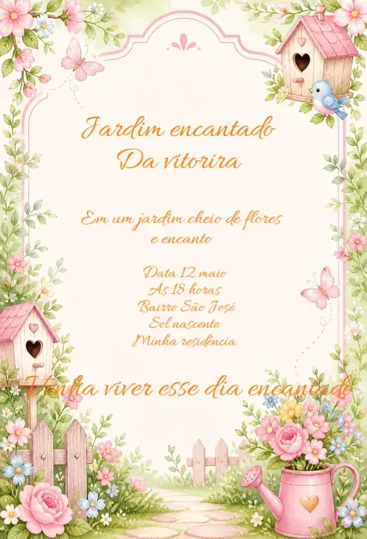 Invitación Jardín encantado – tema Cumpleaños Infantil colores vibrantes, elementos naturales, estilo lúdico, fantasía, detalles florales, magia y encanto