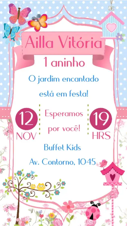 Convite Jardim Encantado – tema Aniversário Infantil cores vibrantes, elementos florais, ilustrações lúdicas, estilo mágico, toques de natureza, design divertido