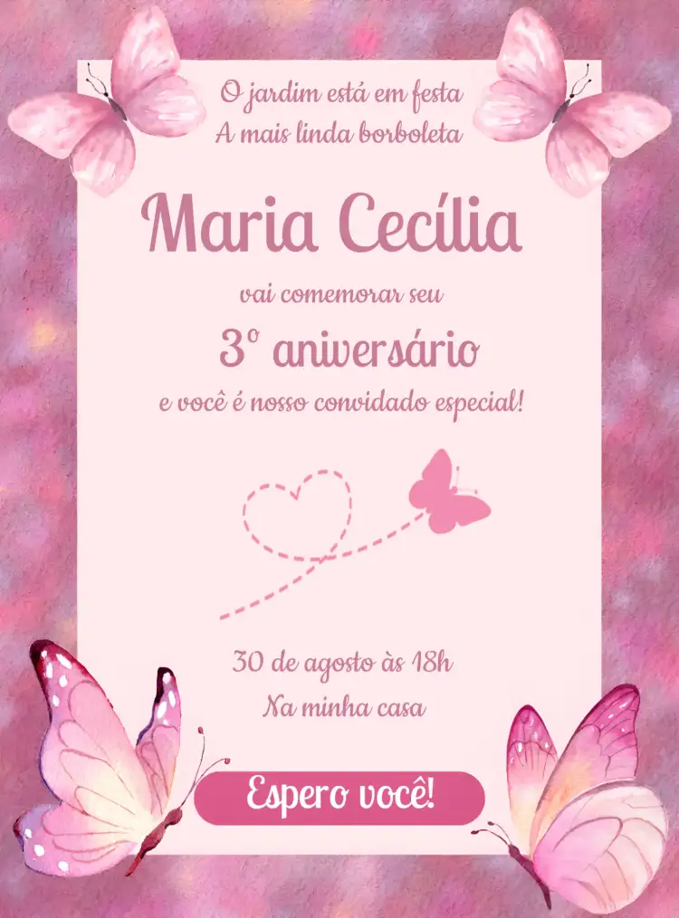 Convite Jardim Encantado - Borboleta Rosa Aquarela Infantil – tema Mais pesquisados aquarela, jardim, borboletas, rosa, lúdico, infantil