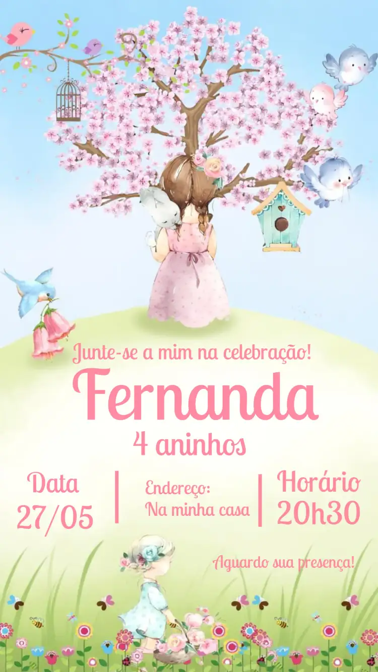 Convite Jardim Encantado Delicado – tema Aniversário Infantil floral, delicado, cores pastel, jardim, sonhador, lúdico