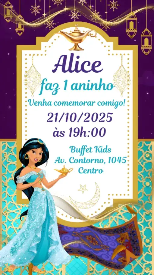 Convite Jasmine – tema Aniversário Infantil cores suaves, estilo lúdico, elementos de princesa, detalhes encantados, design vibrante, tons pastel
