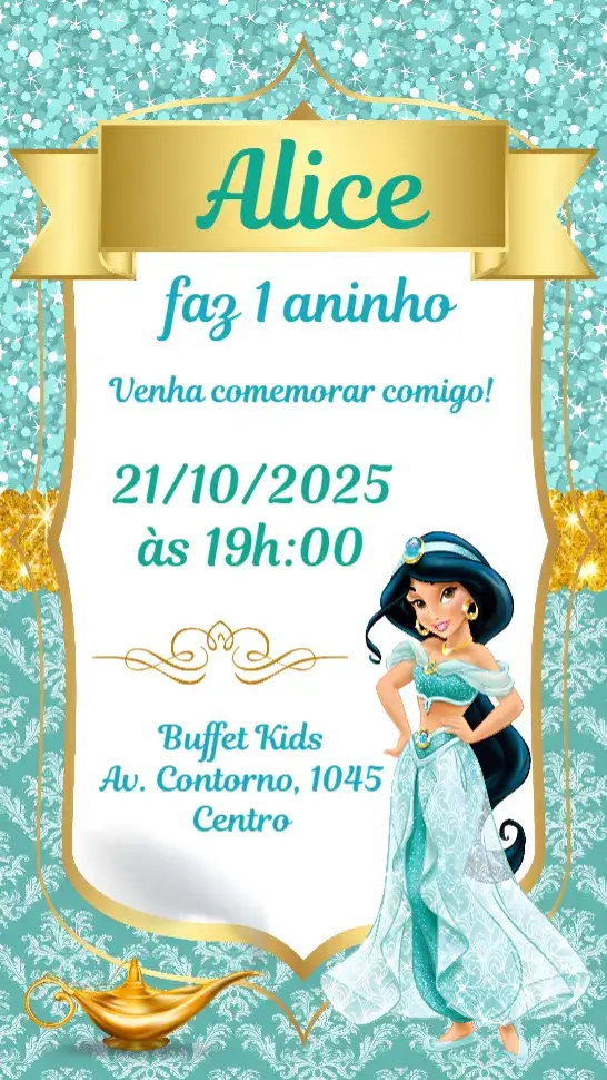 Convite Jasmine – tema Aniversário Infantil rosa suave, lilás encantador, elementos de conto de fadas, ilustrações de flores, estilo divertido, toque mágico