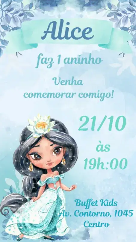 Convite Jasmine Aquarela – tema Aniversário Infantil aquarela, colorido, divertido, lúdico, criança
