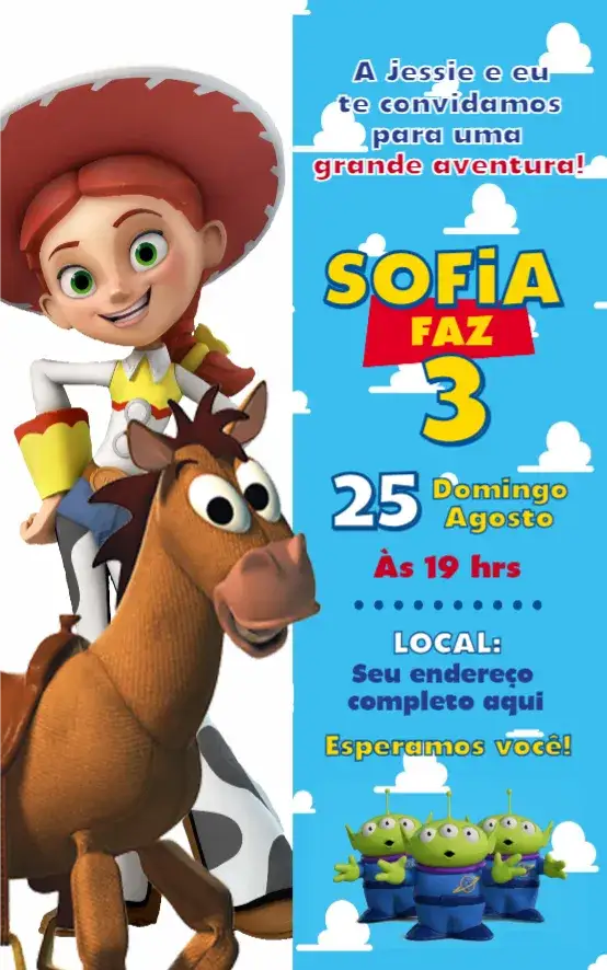 Convite Jessie 1 – tema Aniversário colorido, divertido, infantil, temático, brincalhão