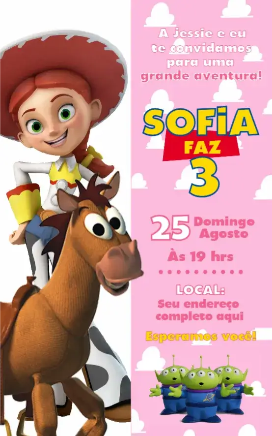 Convite Jessie 2 – tema Aniversário colorido, divertido, infantil, ilustrações lúdicas, estilo cartoon, festa temática