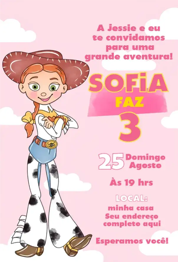 Convite Jessie 3 – tema Aniversário aquarela, rosa, divertido, infantil, temático, colorido