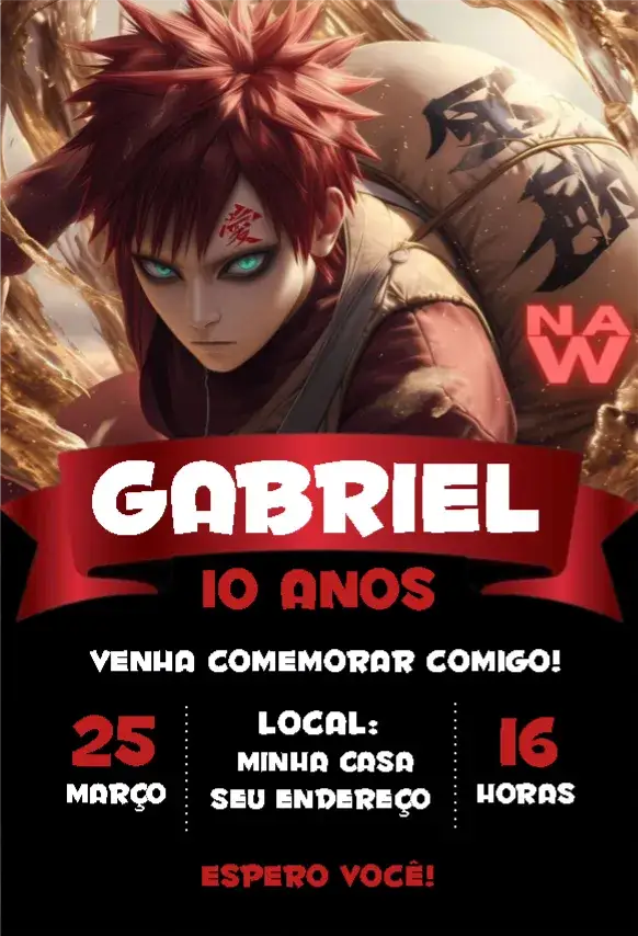 Convite Gaara 1 – tema Aniversário Infantil temática Naruto, cores vibrantes, ilustrações divertidas, estilo moderno, elementos gráficos de anime