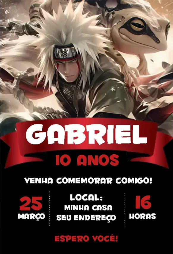 Convite Jiraiya 1 – tema Cartão colorido, divertido, aventura, anime, jovial, temático