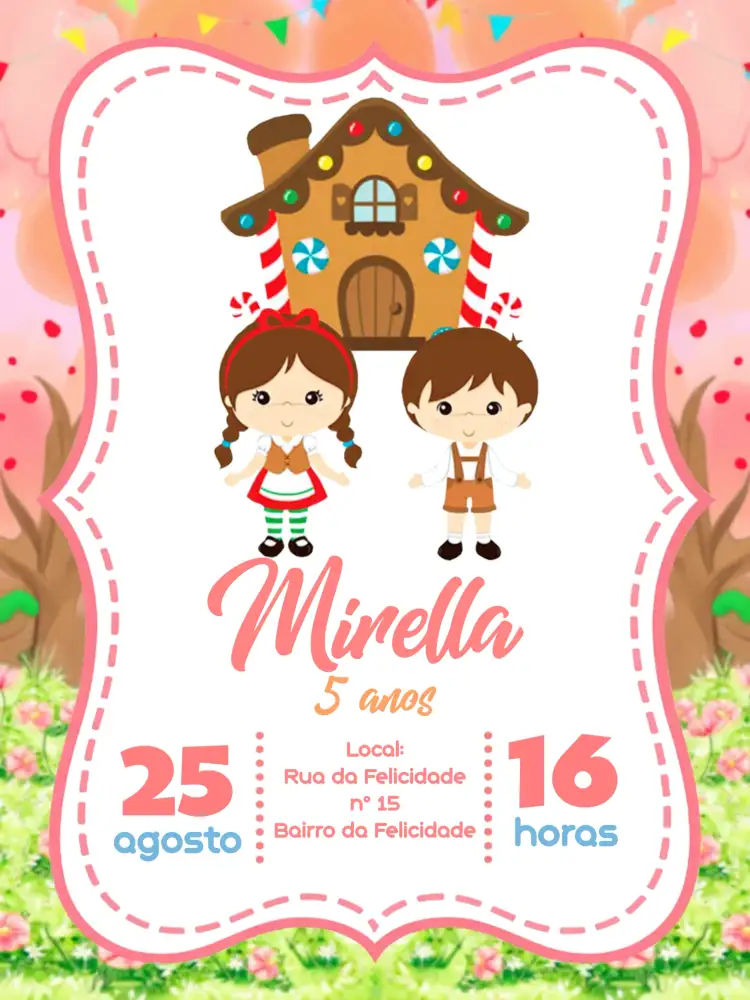 Convite João E Maria Moldura – tema Datas Comemorativas rosa, branco, morango, listrado, divertido, infantil