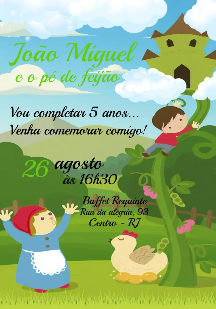 Convite João E O Pé De Feijão Verde – tema Datas Comemorativas colorido, ilustrações infantis, estilo lúdico, elementos de contos de fadas, vintage, divertido