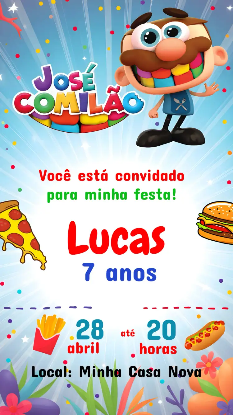 Convite José Comilão Colorido – tema Mais pesquisados colorido, infantil, divertido, alegre, moderno