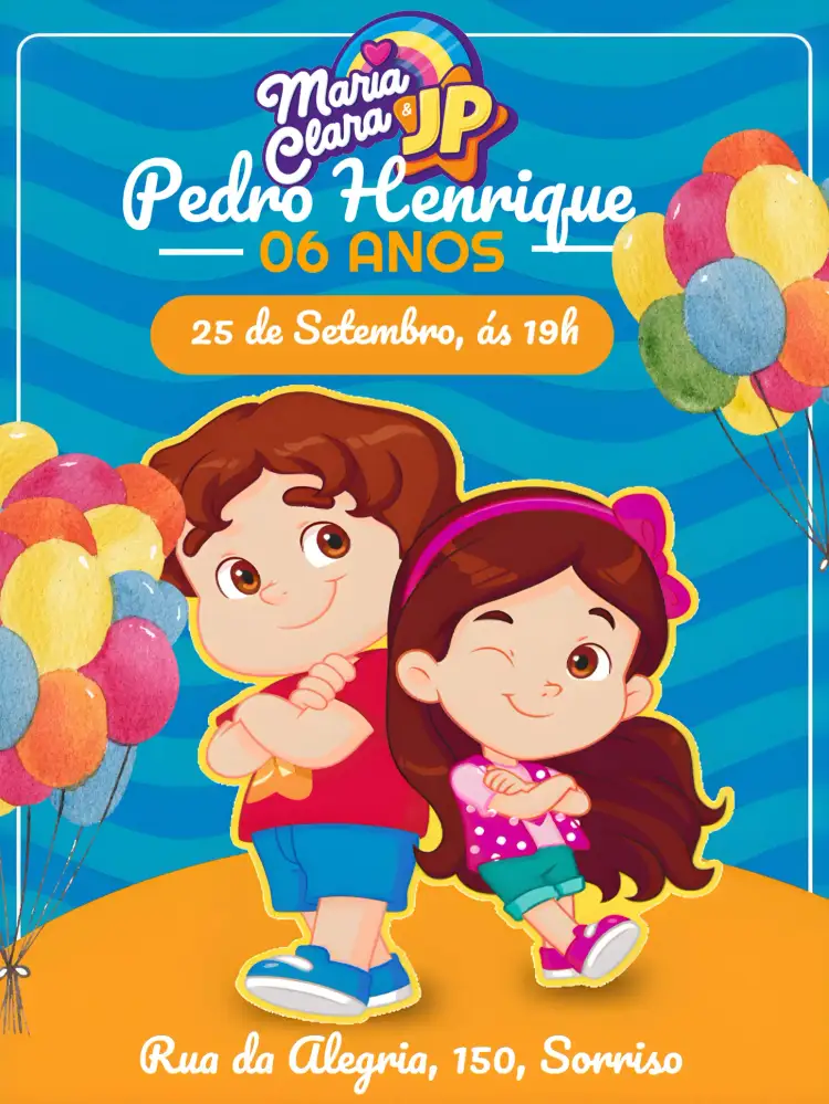 Convite Jp E Maria Clara Contorno – tema Mais pesquisados colorido, lúdico, infantil, alegre, moderno