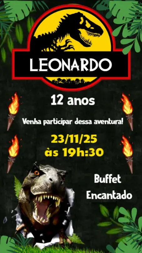 Convite Jurassic Park – tema Aniversário Infantil colorido, aventura, pré-histórico, dinossauros, ilustrações divertidas, estilo infantil
