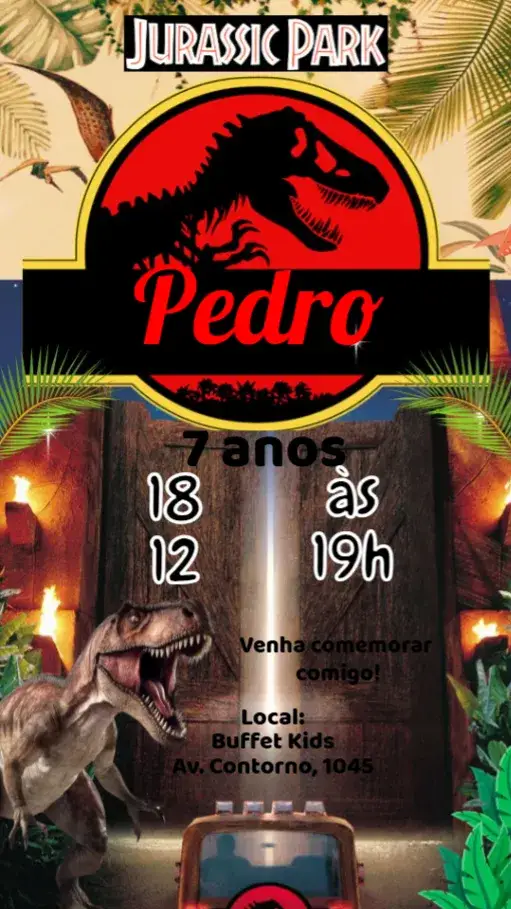 Convite Jurassic Park – tema Aniversário Infantil dinossauros, aventura, pré-histórico, colorido, divertido, temático