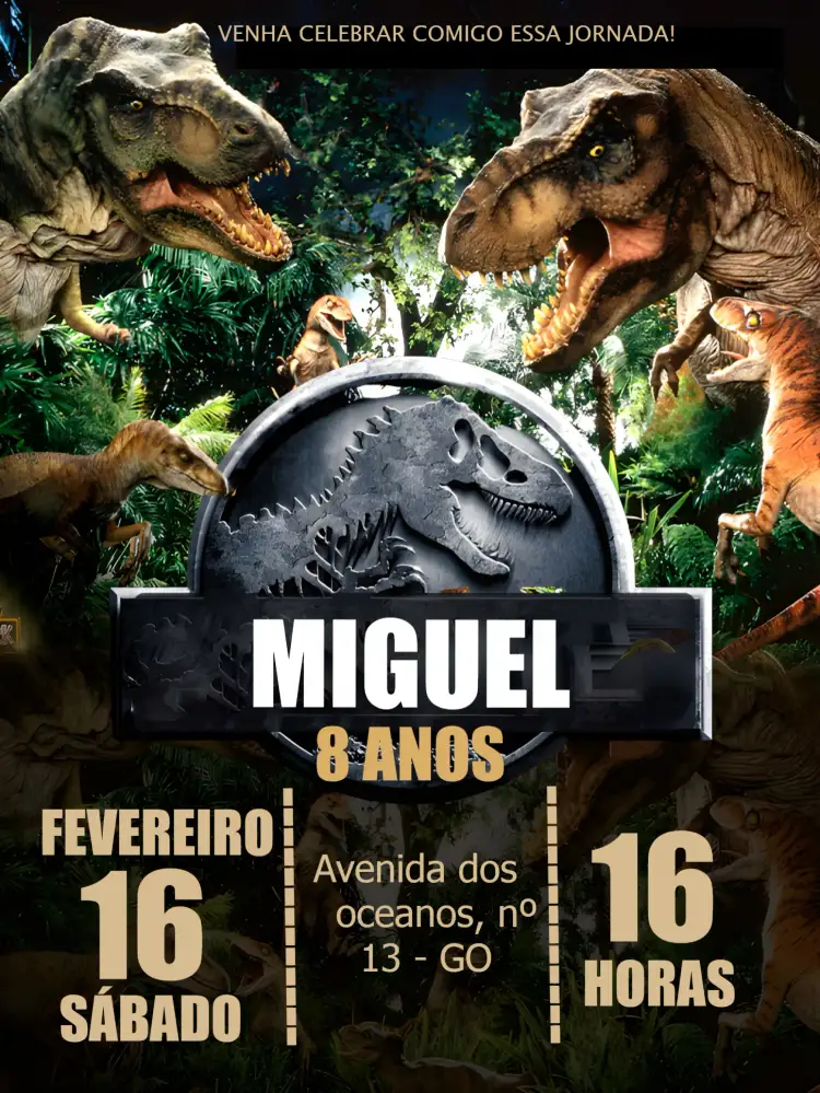 Convite Jurassic Park Dinossauros – tema Mais pesquisados colorido, aventura, natureza, infantil, temática, divertido