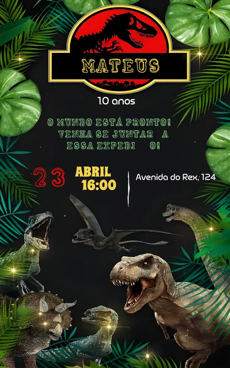 Convite Jurassic Park Dinossauros Preto – tema Mais pesquisados preto e vermelho, selva, dinossauros, aventura, temática pré-histórica